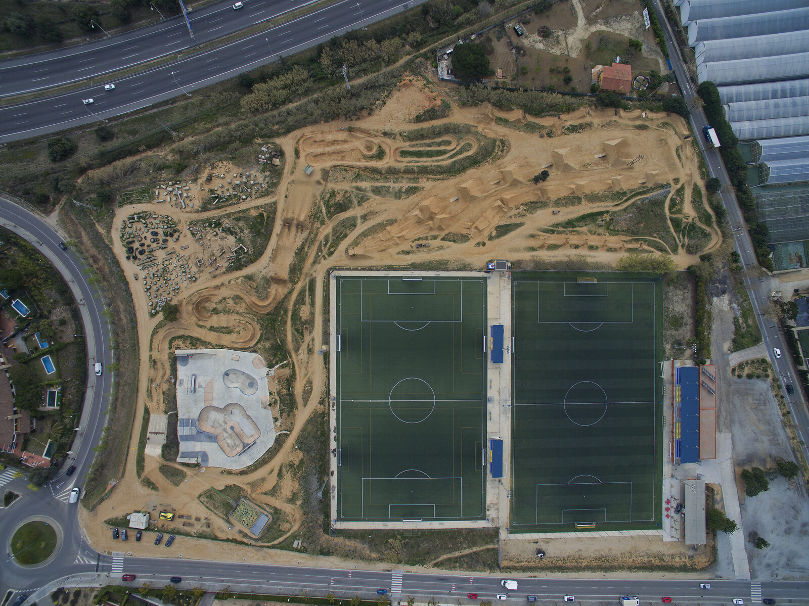 Aerial view of the whole park beside the football pitches
