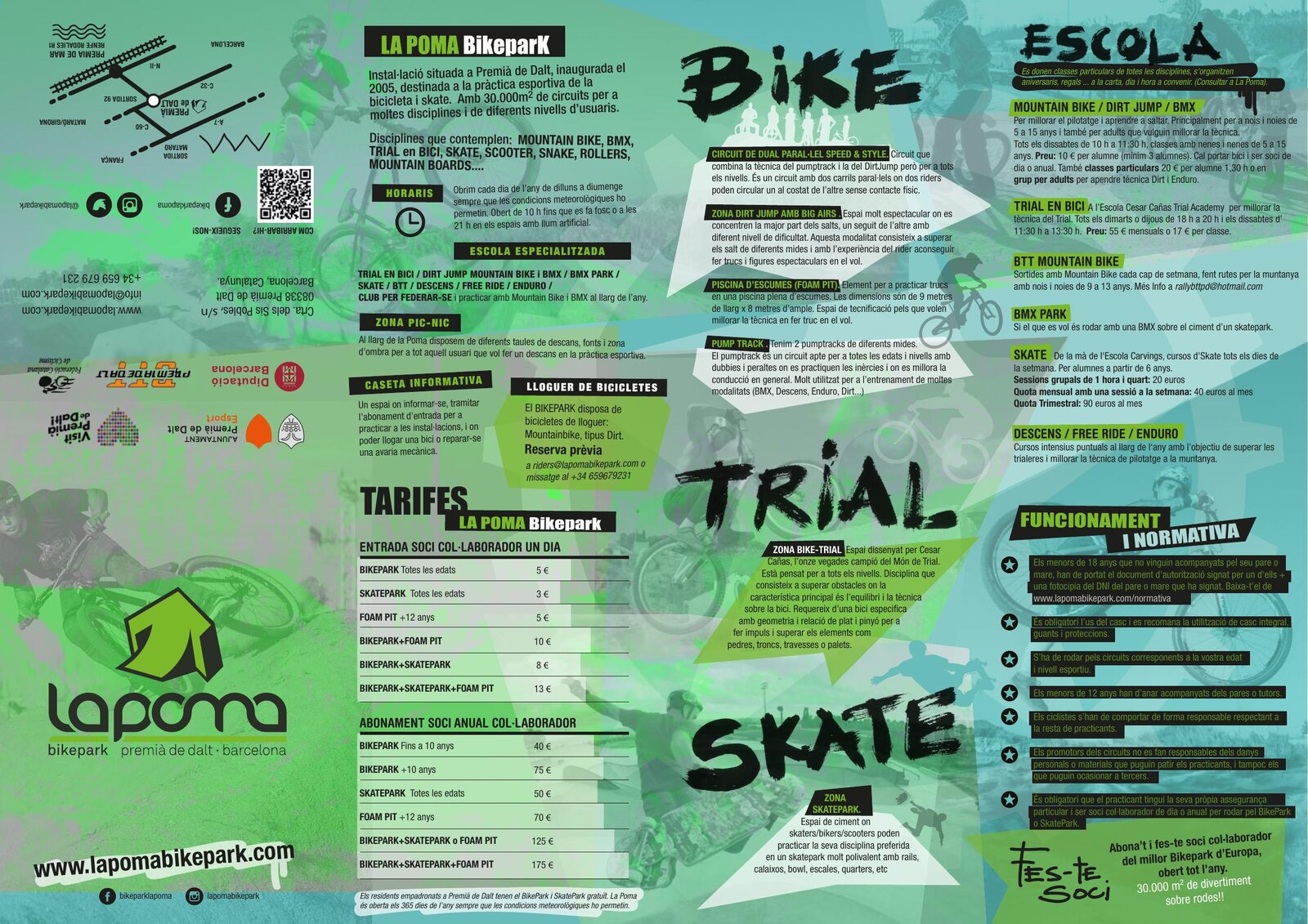 Fold-out A3 brochure showing bike, school, trial and skate sections with tariffs