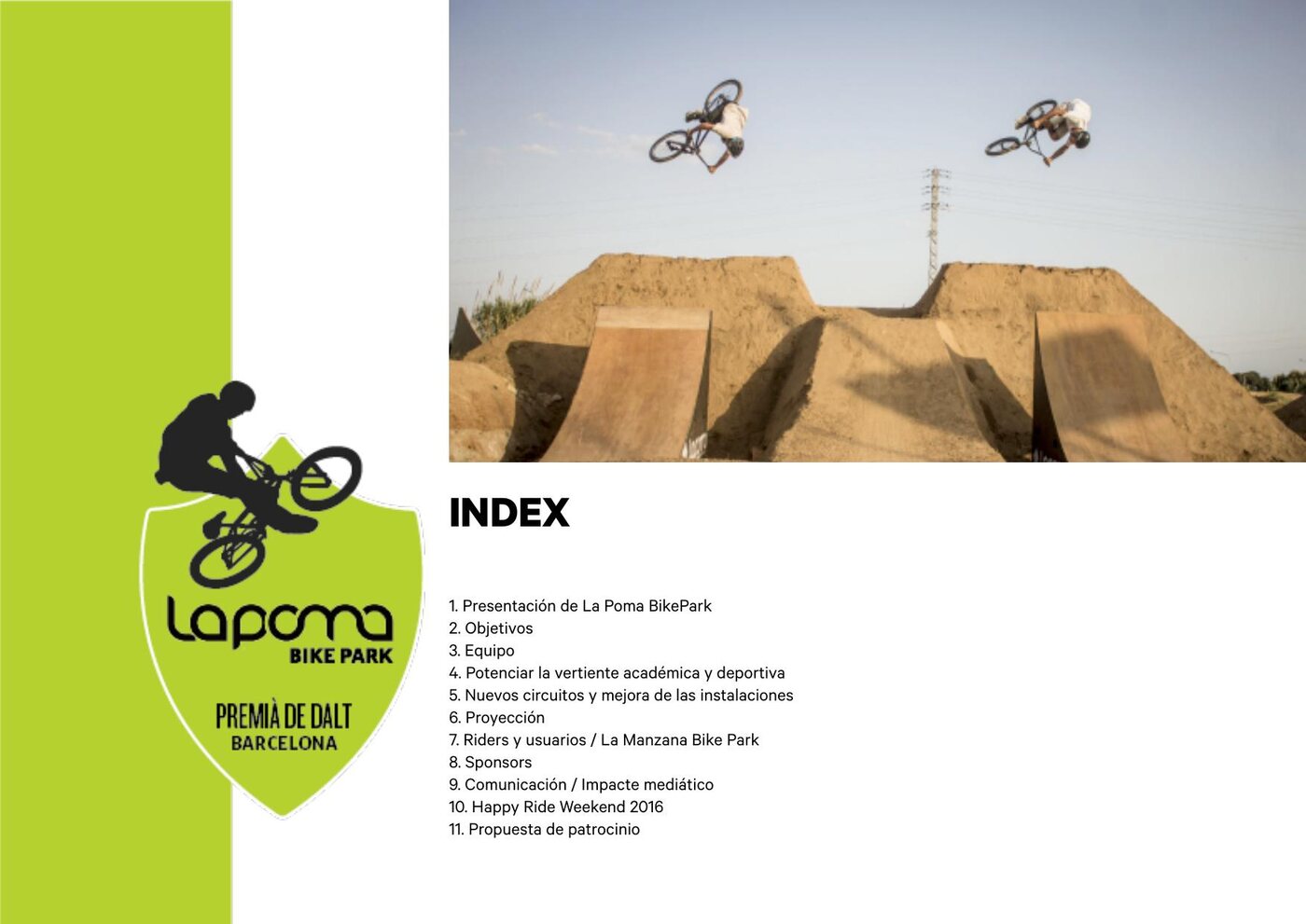 Contents page of the dossier listing presentation, objectives, team, sponsors and media impact