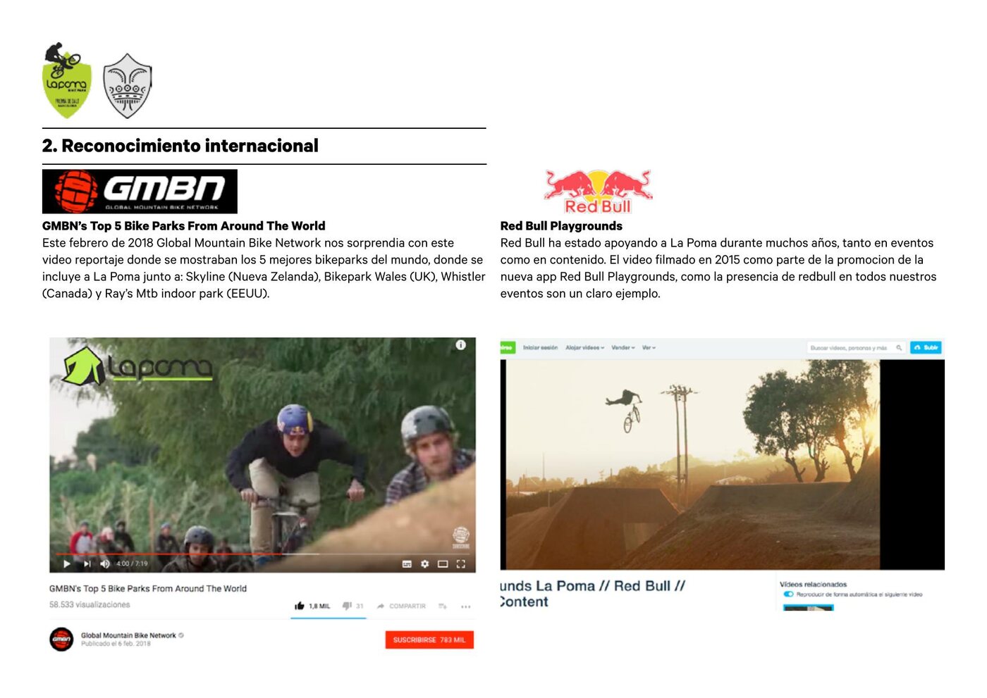 Dossier page showing international recognition from GMBN and Red Bull