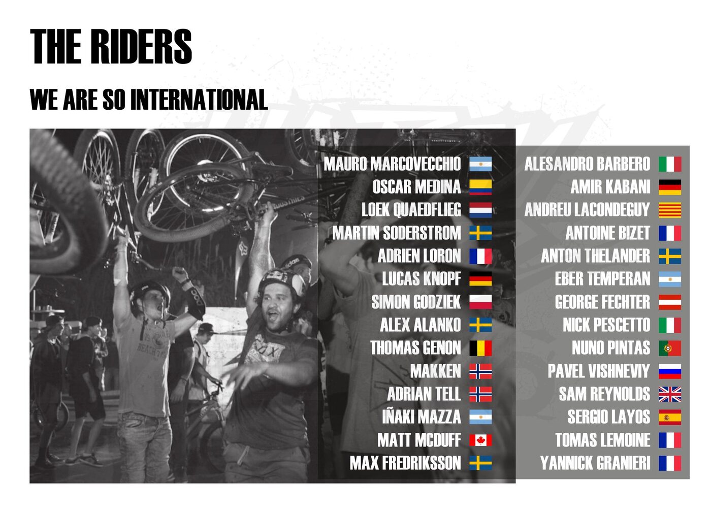 Deck page listing the international riders who have attended, with country flags