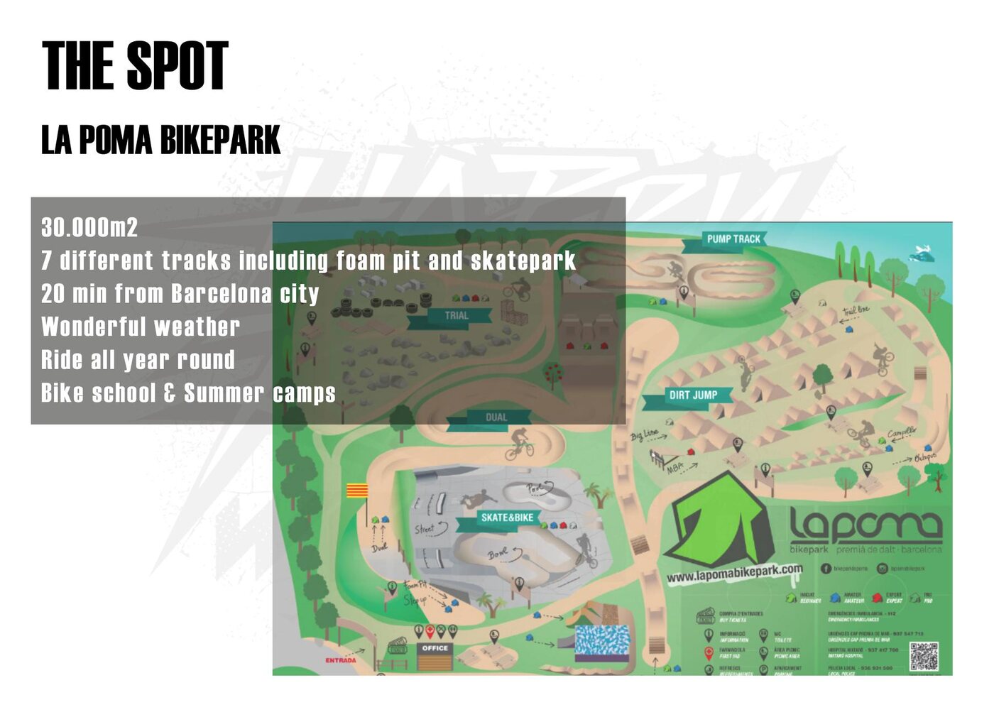 Deck page describing the park: 30,000m2, seven tracks, foam pit and skatepark