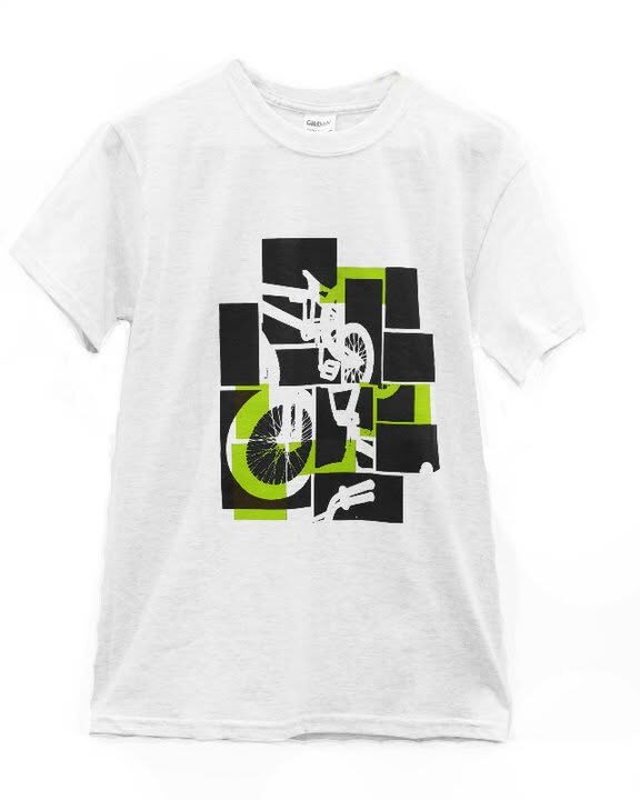 Flat product shot of a white XAI t-shirt with a black and green graphic