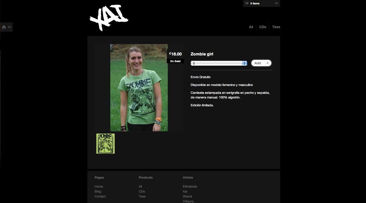 Screenshot of the XAI online store product page, showing a green t-shirt with size selector and add to cart