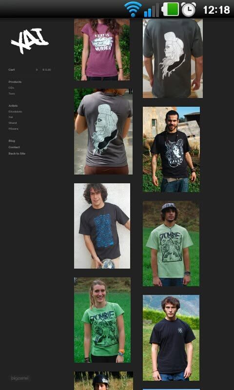 The XAI online store on a phone, showing t-shirts by artist and a Products and Artists menu