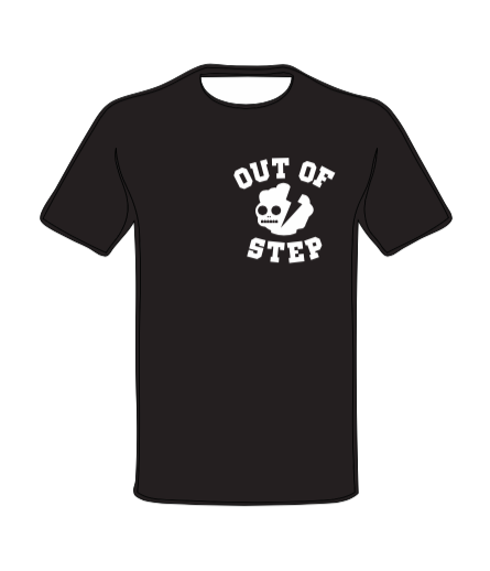 Mockup of a black t-shirt with a collegiate arched OUT OF STEP lockup around a sheep skull